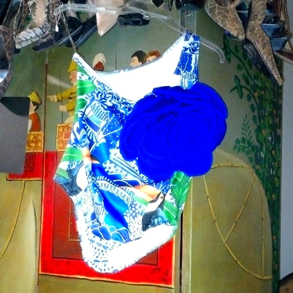 Vibrant And Adorable Blue and Green Swimsuit with Floral Accent